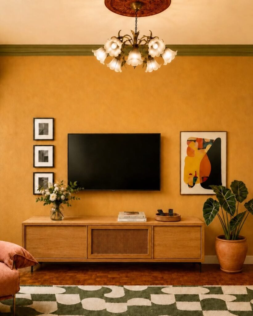 Sala com parede em tom de caramelo, rack de madeira, vaso com florzinhas brancas e quadros na parede