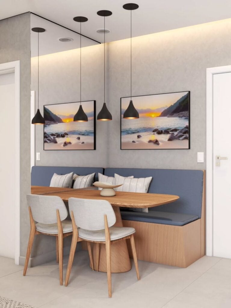Canto alemão com assento azul, quadro, espelho e pendentes