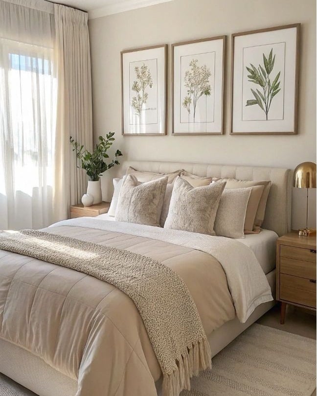 Quarto de casal com mesas de cabeceira de madeira, tons claros e quadros com plantas