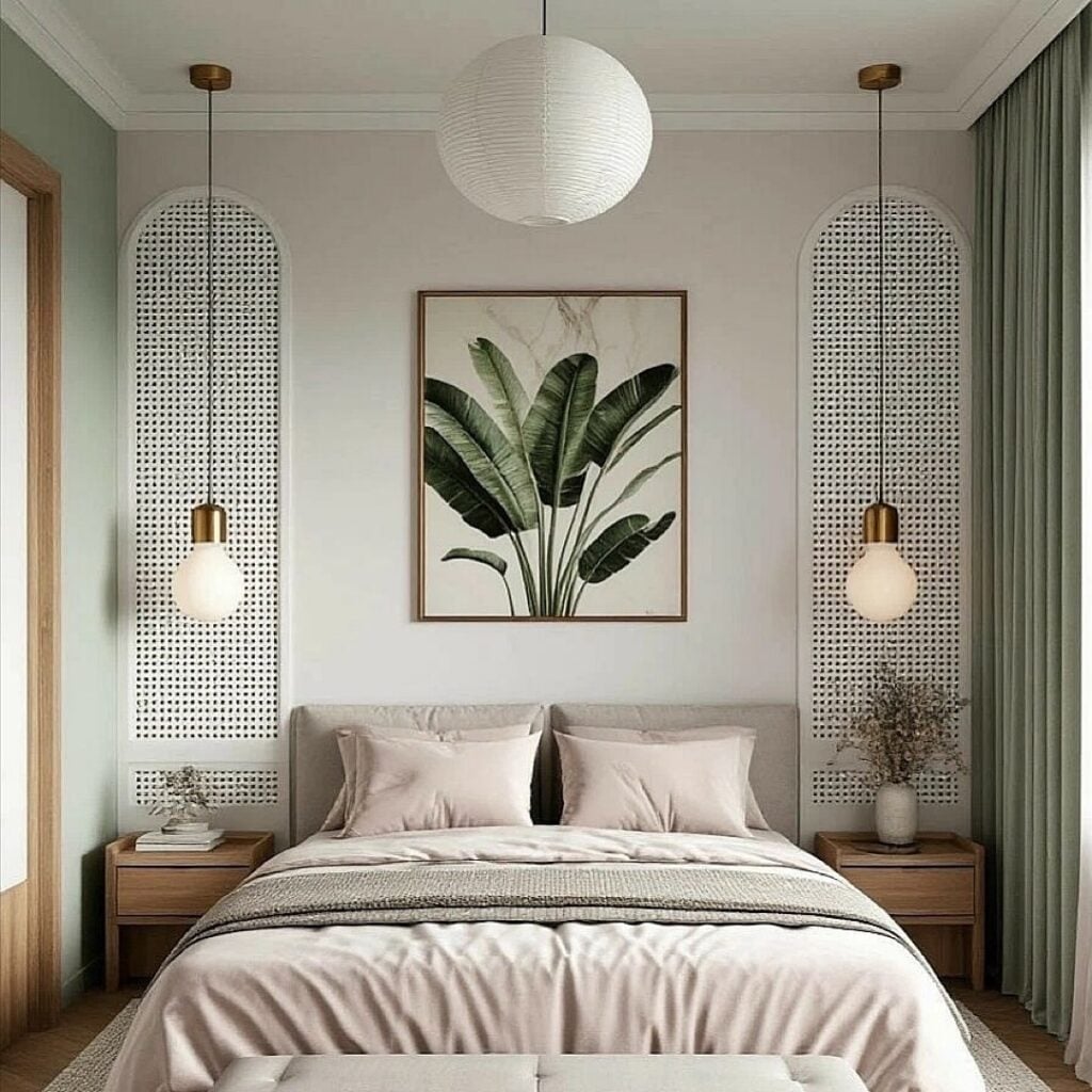 Quarto de casal em tons de verde, mesas de cabeceira de madeira, detalhe vazado nos dois lados da cama e pendentes