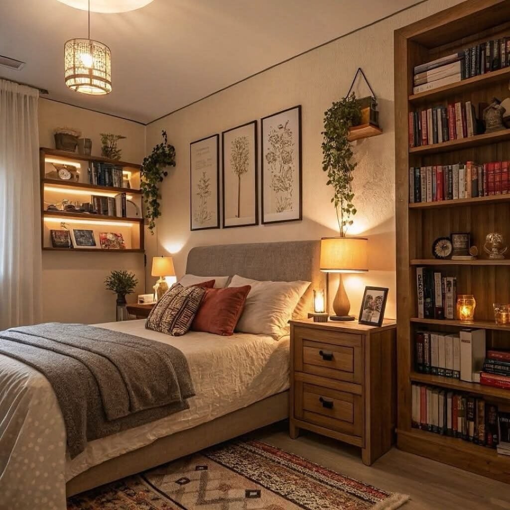 Quarto com estande de madeira e livros, mesa de cabeceira de madeira com abajur, quadros acima da cama e iluminação quente