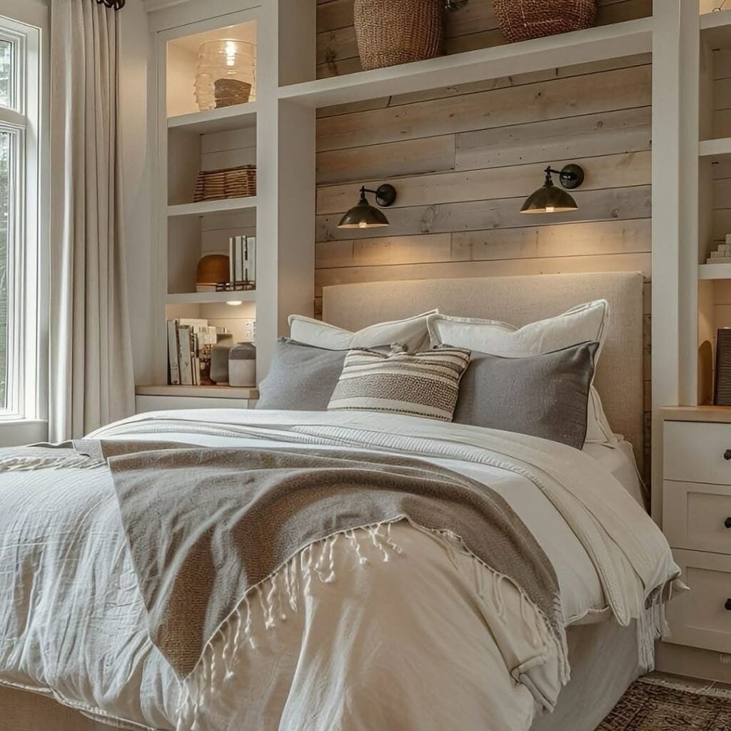 Quarto com cama embutida entre estante branca, arandelas acima da cabeceira