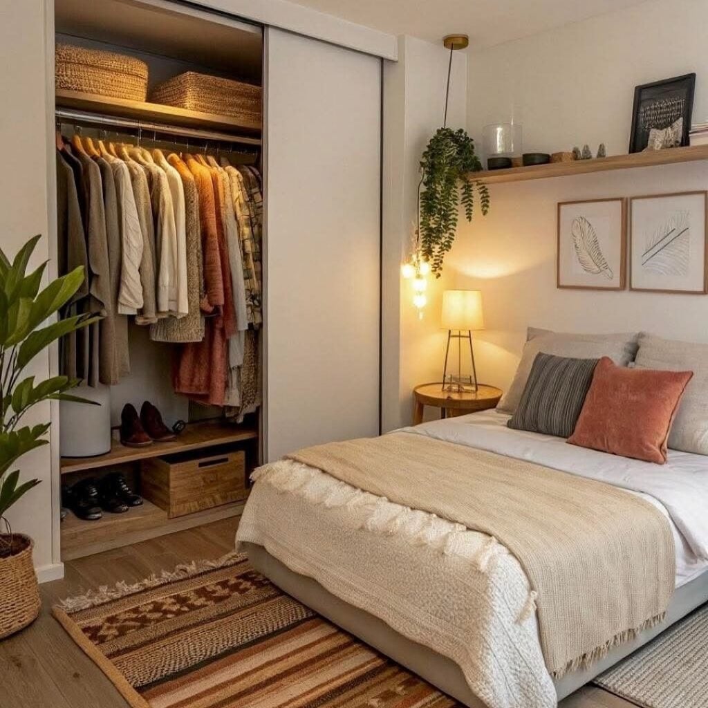 Quarto de casal com prateleira e quadros acima da cabeceira, armário com porta aberta e tapete de tons terrosos