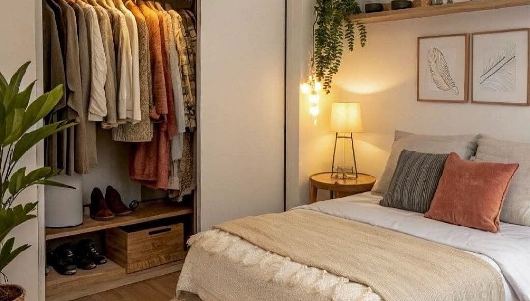 Quarto de casal com prateleira e quadros acima da cabeceira, armário com porta aberta e tapete de tons terrosos