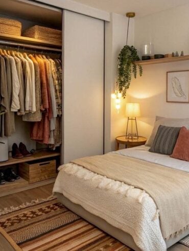 Quarto de casal com prateleira e quadros acima da cabeceira, armário com porta aberta e tapete de tons terrosos