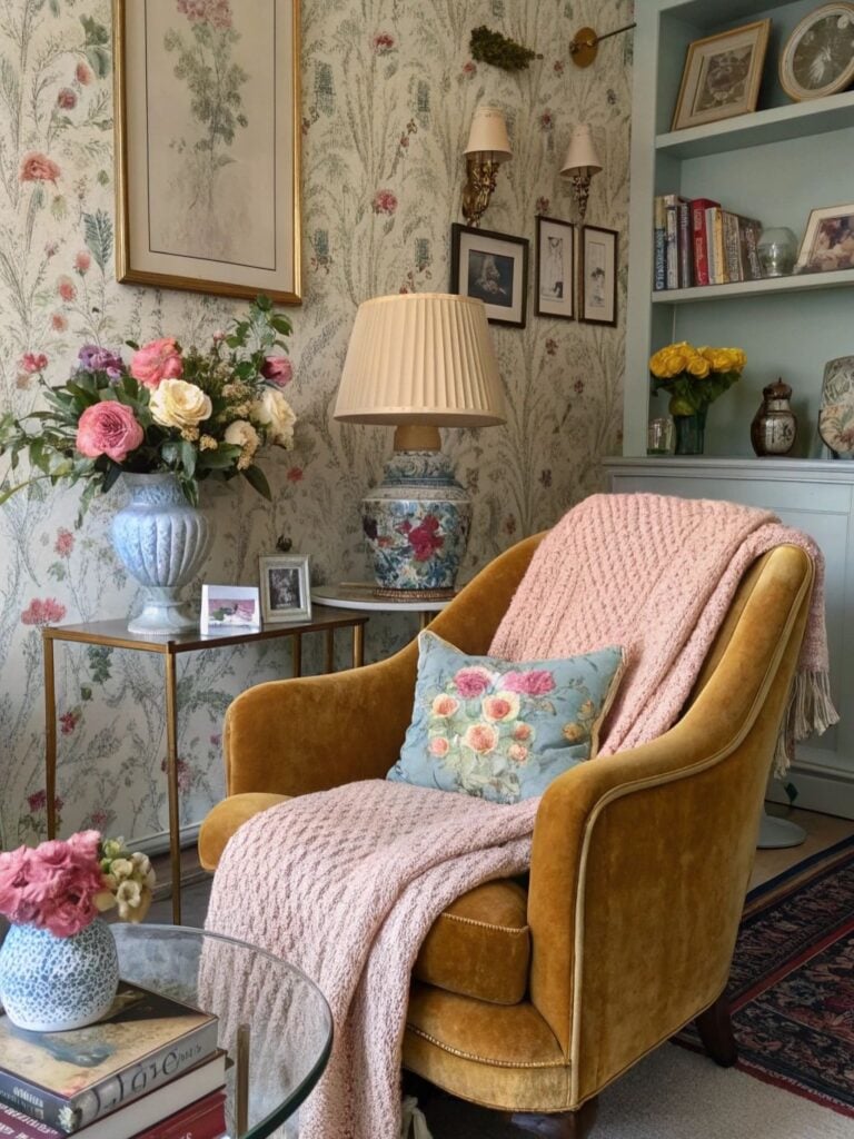 Sala de estar com poltrona de veludo em tom de mostarda, manta de tricô rosa, papel de parede floral