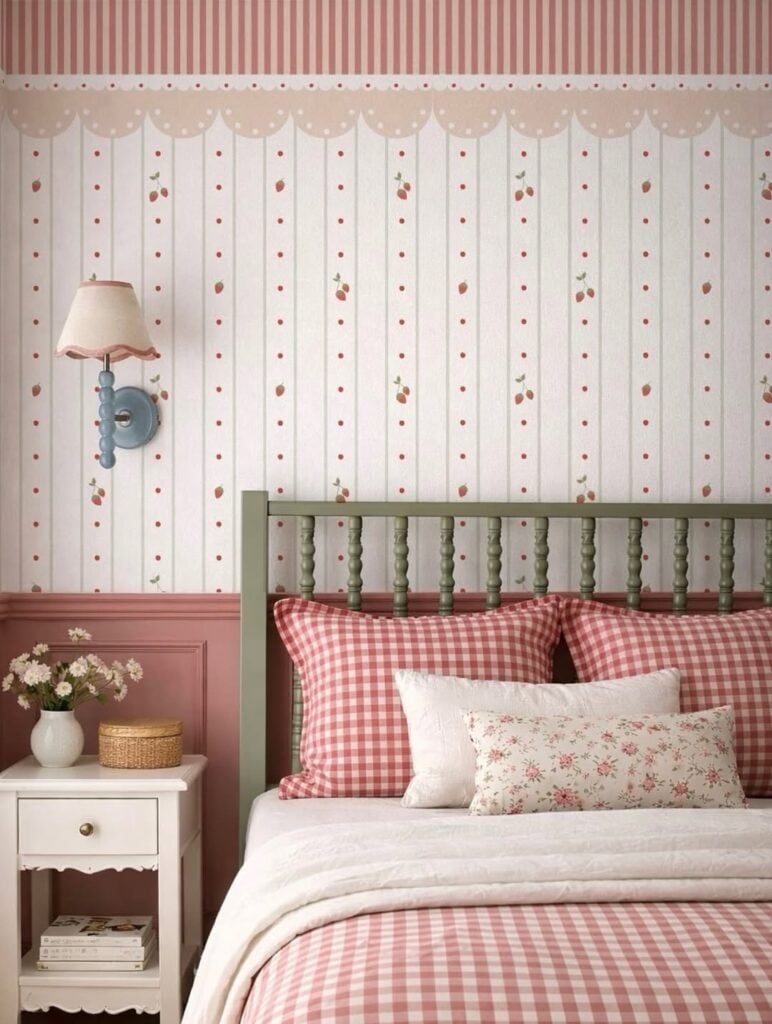 Quarto com papel de parede delicado e arandela, cabeceira verde e roupa de cama xadrez