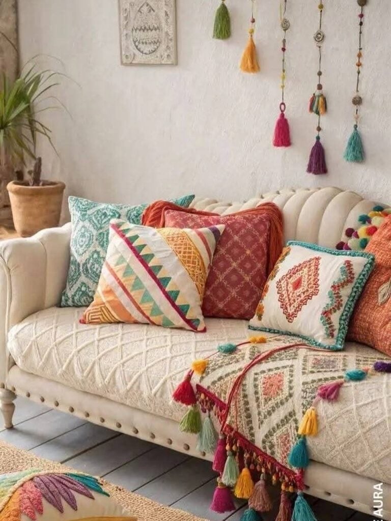 Sofá claro com almofadas coloridas