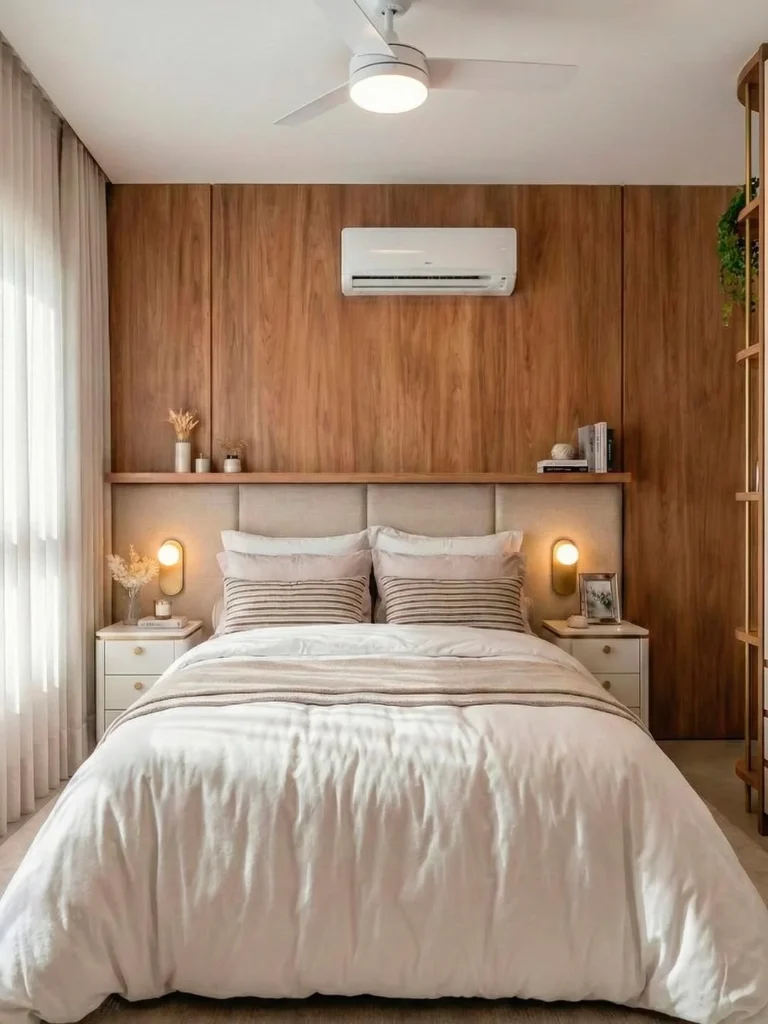 Quarto com cabeceira estofada modular, prateleira de madeira com poucos itens