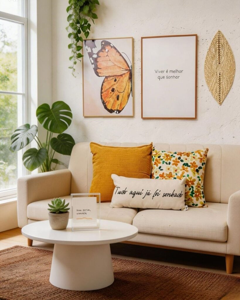 Sala com sofá slim, almofadas coloridas, mesa de centro redonda e branca, e plantas no canto