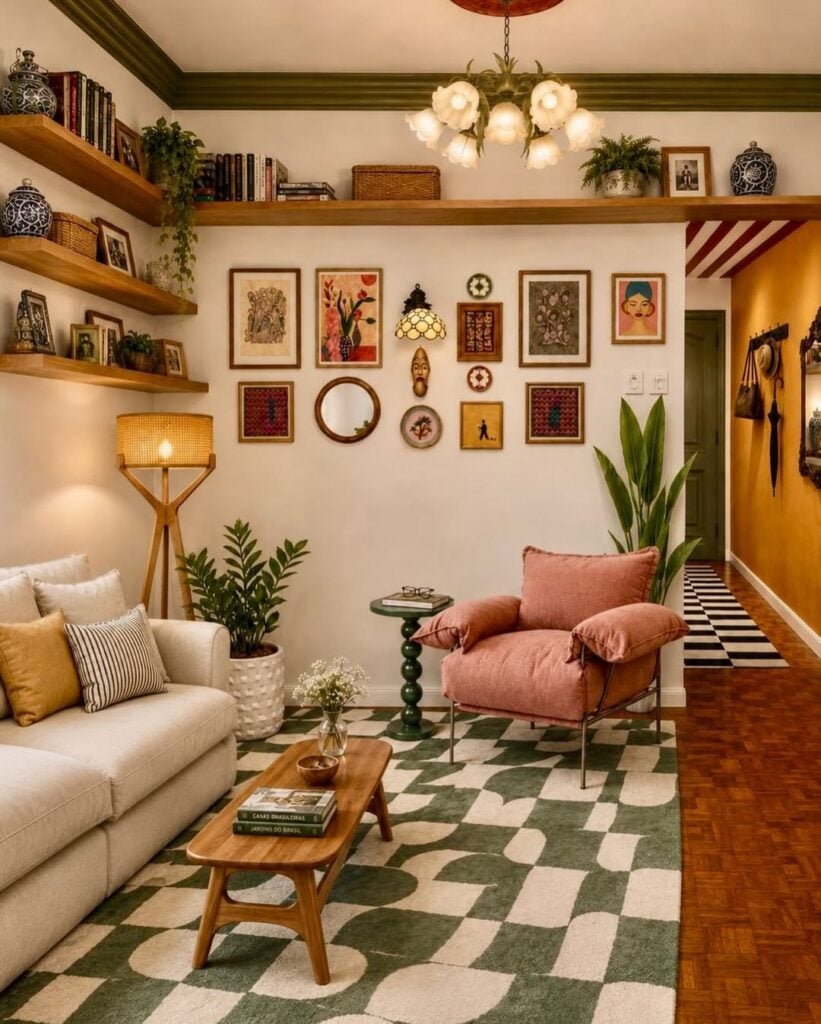 Sala de estar com tapete em bege e verde, poltrona rosa, parede com quadros e prateleiras com objetos