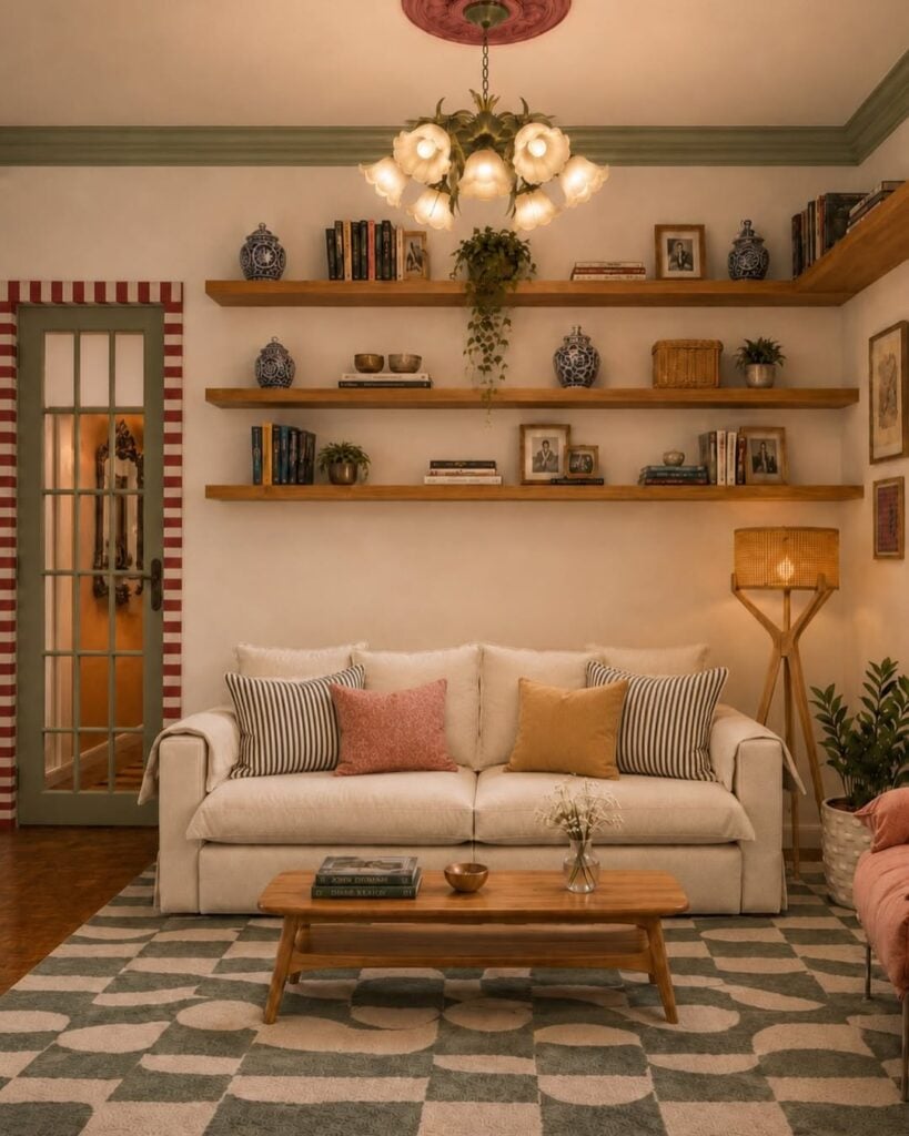 Sala com sofá bege, almofadas coloridas, tapete em bege e verde, prateleiras de madeira com objetos decorativos
