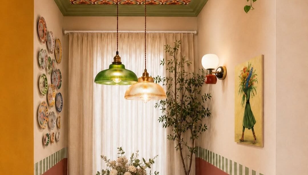 Sala de jantar com mesa redonda, cadeiras com assento amarelo, pendentes coloridos e pratos na parede