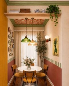 Sala de jantar com mesa redonda, cadeiras com assento amarelo, pendentes coloridos e pratos na parede