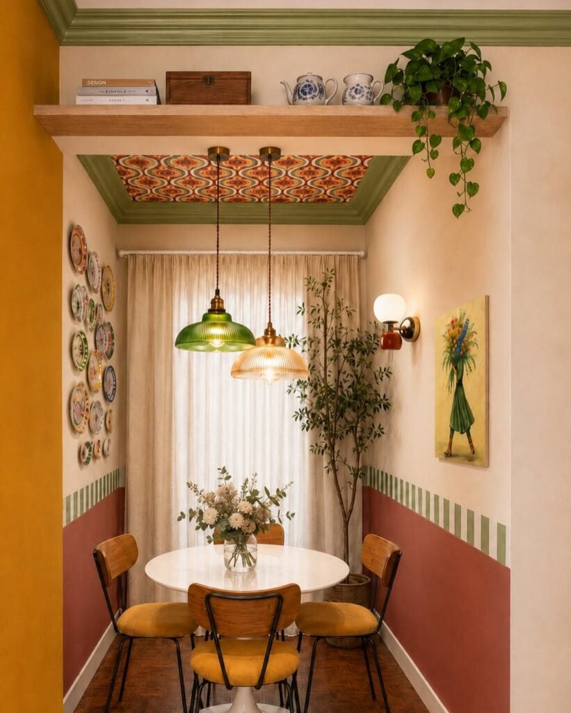 Sala de jantar com mesa redonda, cadeiras com assento amarelo, pendentes coloridos e pratos na parede