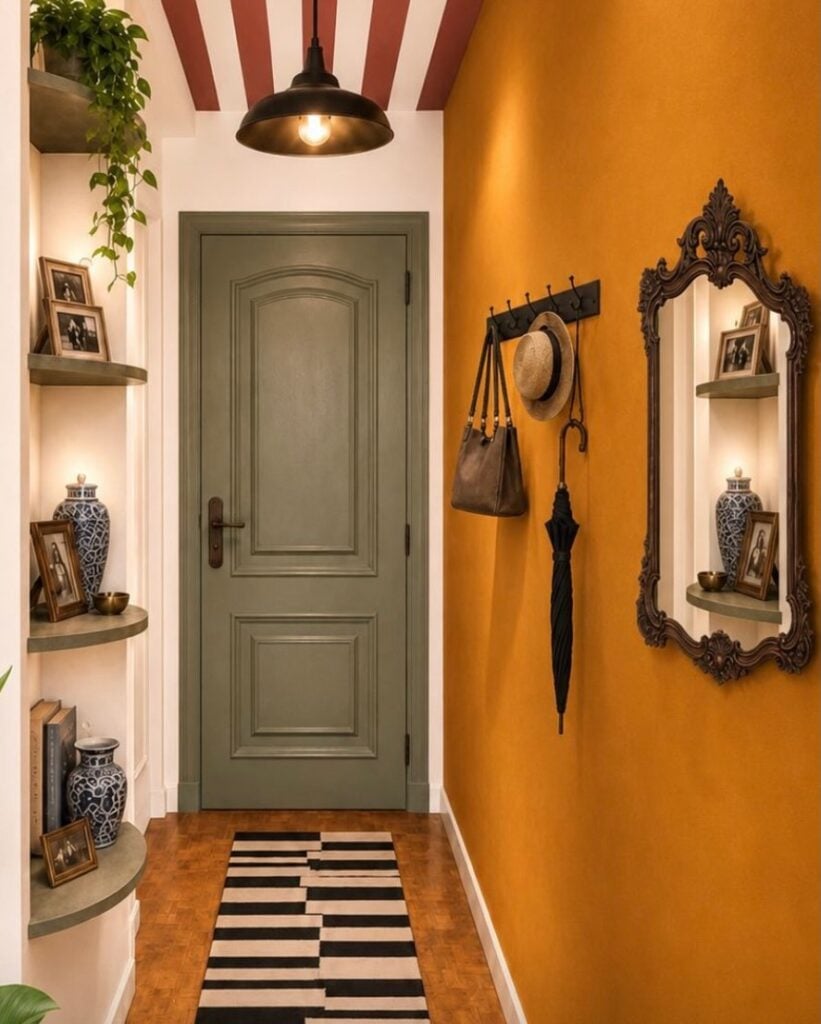 Corredor de entrada com porta cinza, parede amarede com espelho provença, suporte para bolsas e prateleiras com objetos decorativos