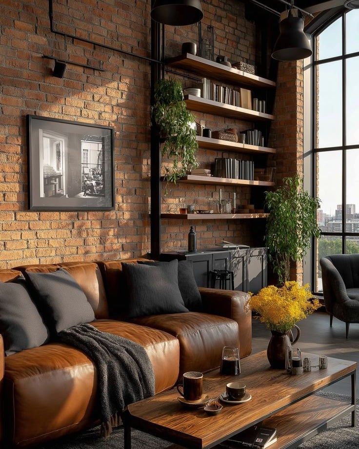 Sala com estilo industrial, parede de tijolinhos, estante com metais pretos e mesa de centro de madeira com metal