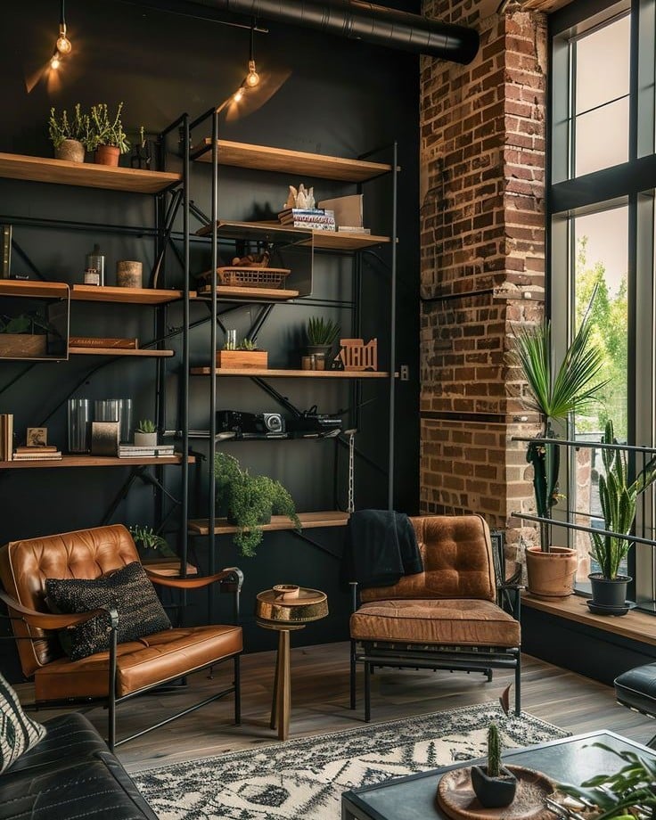Sala de estar com parede preta, estantes de metal com madeira e poltronas de couro marrom