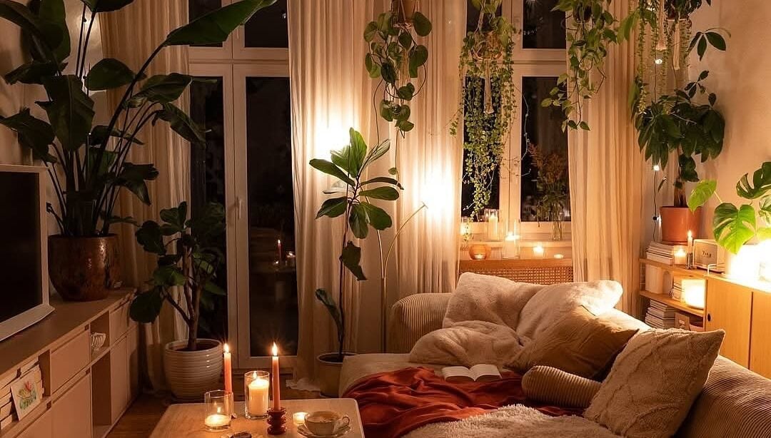 Sala de estar com cortinas, plantas suspensas, sofá com textura e luz baixa