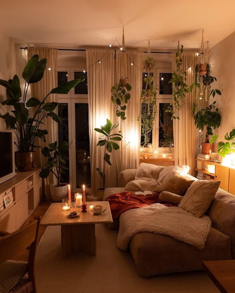Sala de estar com cortinas, plantas suspensas, sofá com textura e luz baixa