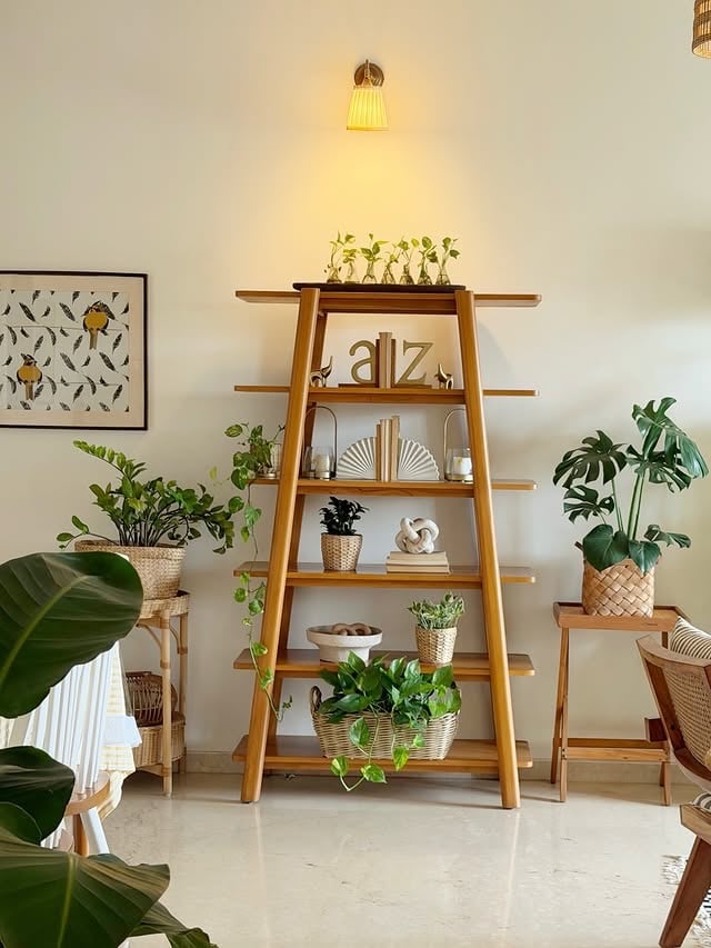 Ambiente com escada de madeira decorativa com objetos, vasos de palha com plantas