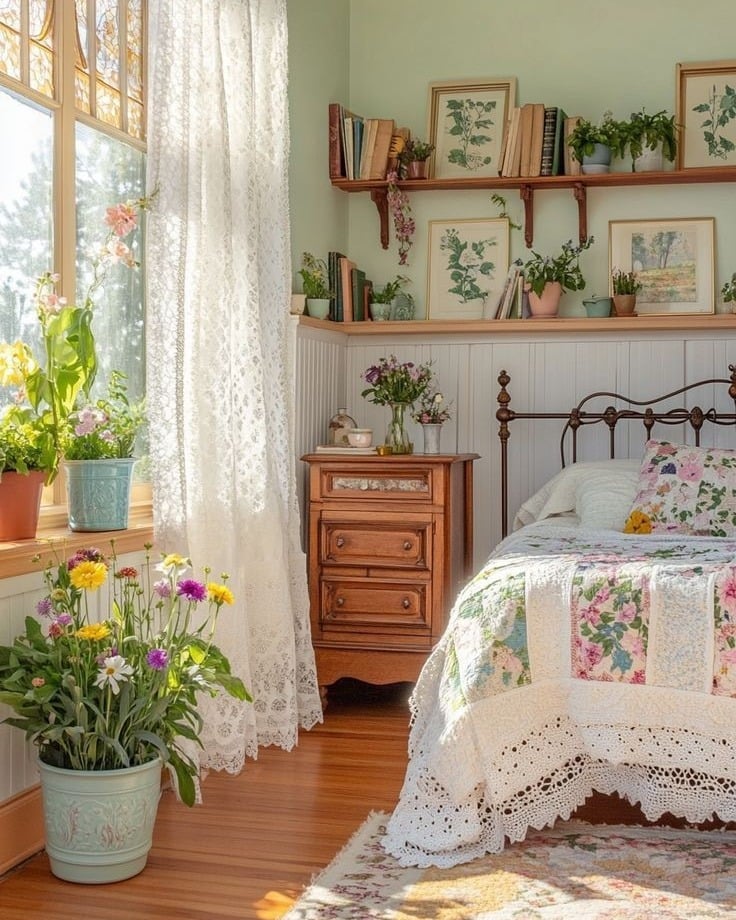 Quarto com cabeceira de ferro, colcha branca com flores, prateleiras com livros e quadros