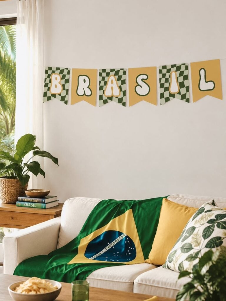Sala com sofá claro, bandeira do Brasil e almofada amarela