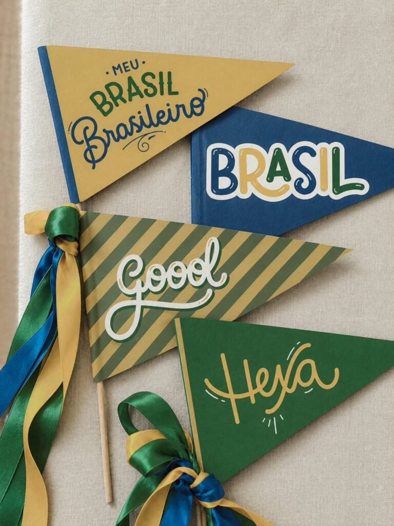 Bandeirinhas de papel temáticas para a Copa e o hexa do Brasil