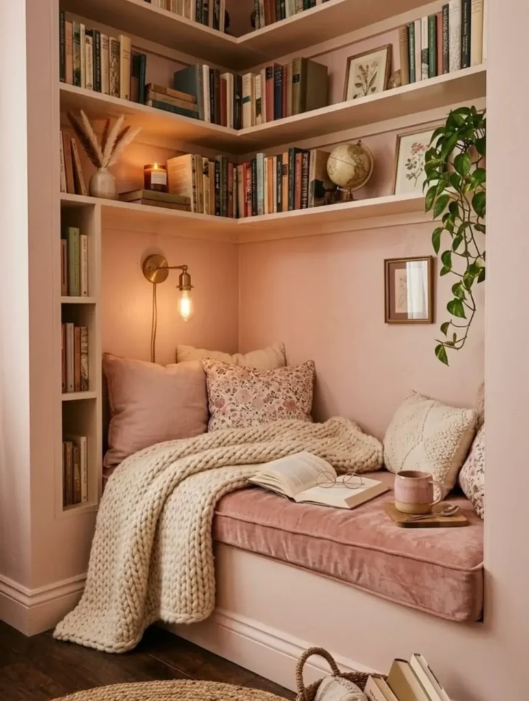 Cantinho com prateleiras e nichos com livros e objetos decorativos, e cama com almofadas