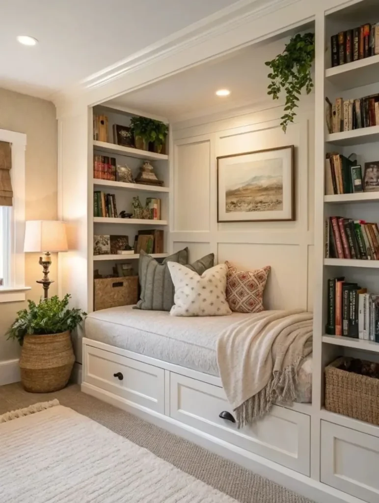 Ambiente com estantes de livros, lugar para leitura com almofadas e gavetas