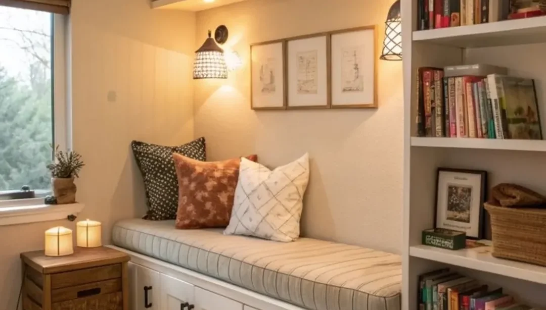 Ambiente com estante e prateleira com livros, local para sentar com almofadas e portas na parte de baixo