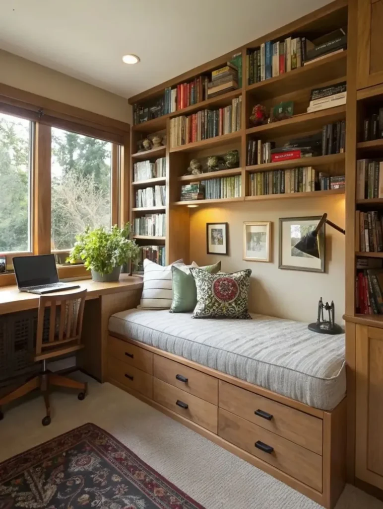 Quarto com estante de livros ao redor da cama com gavetas e escrivaninha