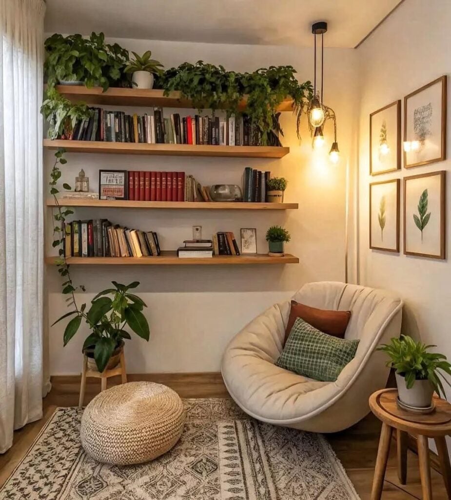 Ambiente com prateleiras de madeira, livros, plantas, poltrona e quadros