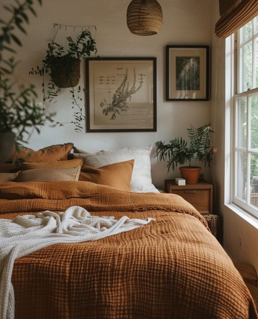 Quarto com roupas de cama bege e terracota quadros na parede e plantas