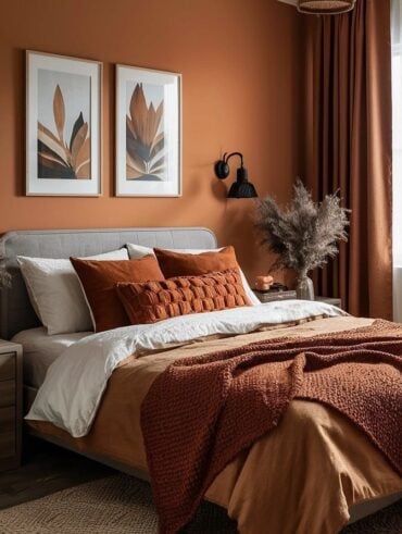 Quarto com parede, cortina e roupas de cama terracota, quadros acima da cabeceira e arandela ao lado