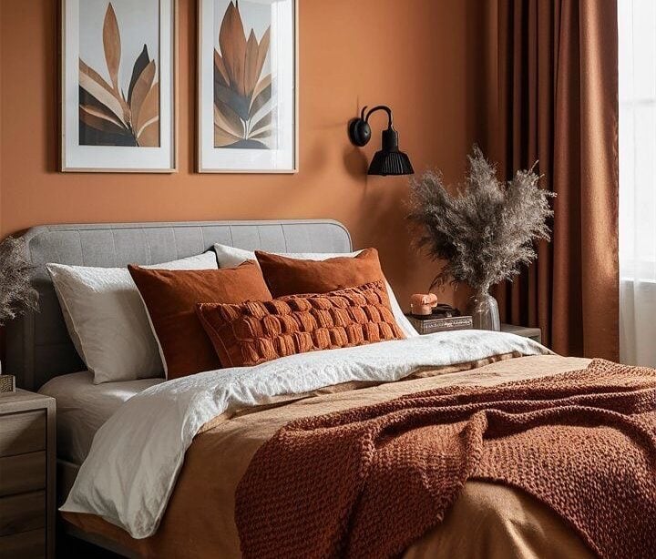 Quarto com parede, cortina e roupas de cama terracota, quadros acima da cabeceira e arandela ao lado