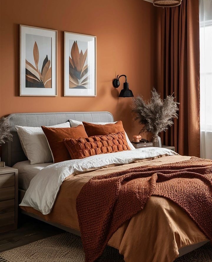 Quarto com parede, cortina e roupas de cama terracota, quadros acima da cabeceira e arandela ao lado
