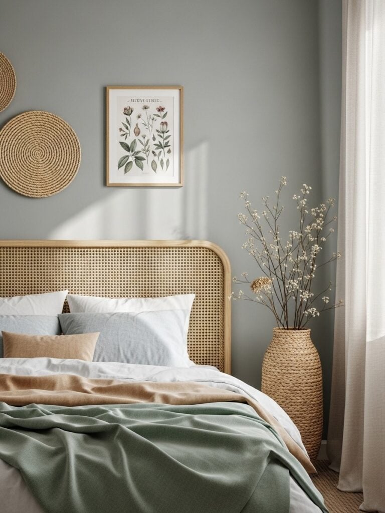 Quarto com cabeceira de palhinha, parede cinza claro e elementos com palha
