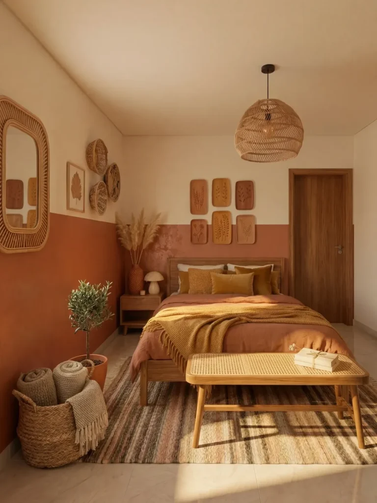 Quarto com decoração em tons de terracota suave, quadros e cestarias na parede