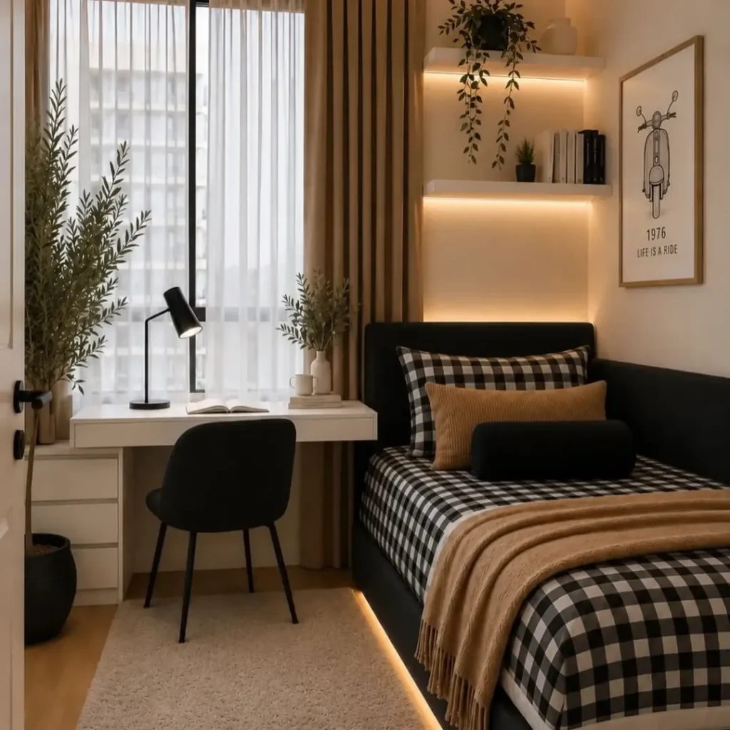 Quarto de solteiro com roupa de cama xadrez e cabeceira preta, prateleiras com led e escrivaninha branca