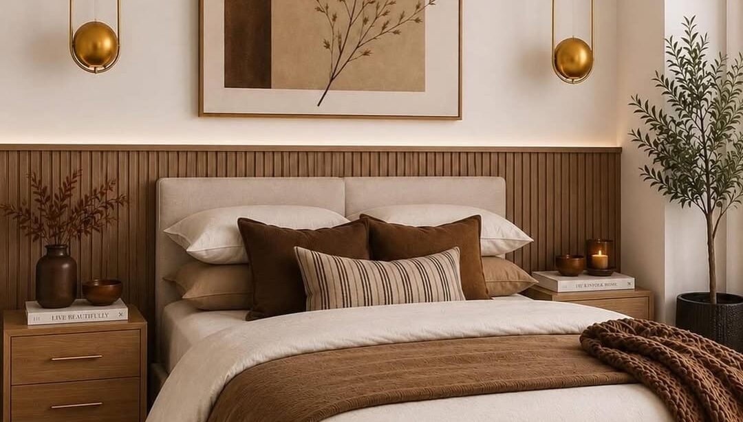 Quarto em branco e tons de marrom, mesas de cabeceira de madeira e pendentes dourados