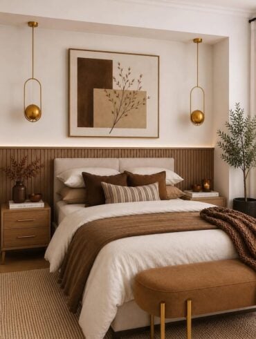 Quarto em branco e tons de marrom, mesas de cabeceira de madeira e pendentes dourados