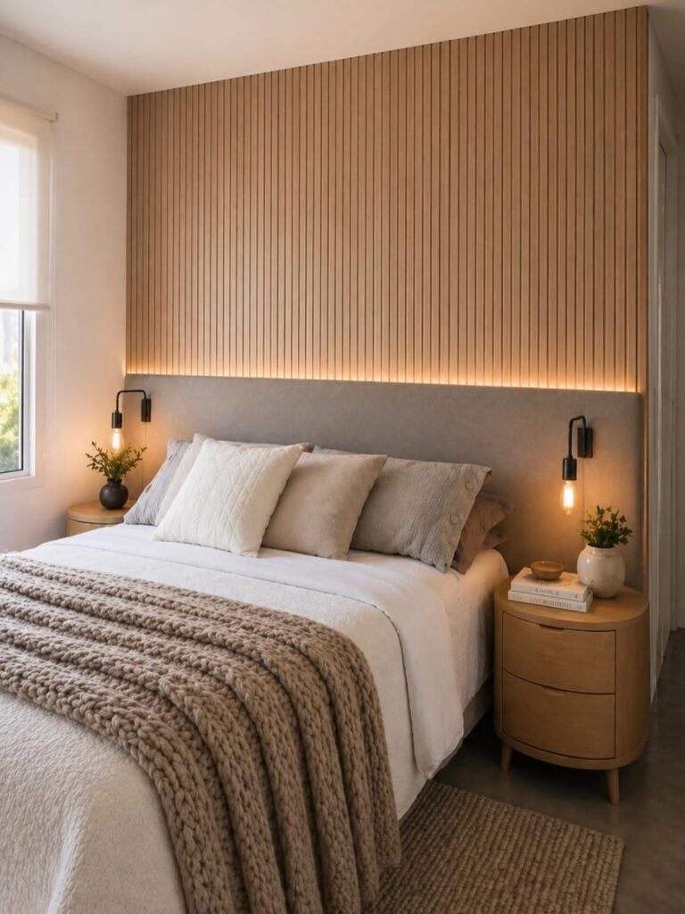 Quarto com cabeceira e arandelas, painel ripado com LED e mesas de cabeceira arredondadas
