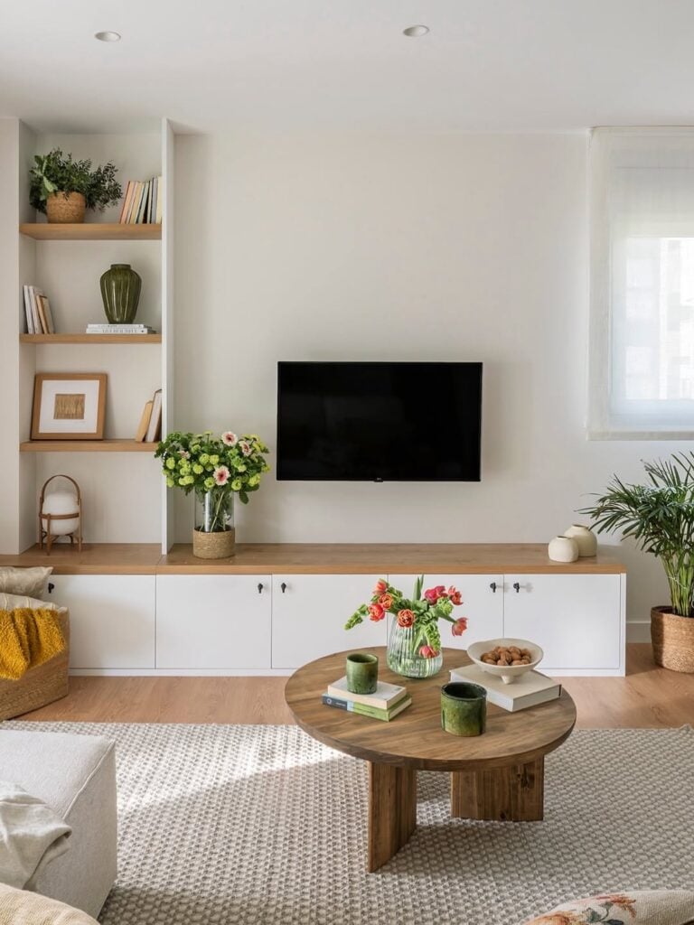 Sala de estar com mesa de centro de madeira, rack branco junto com estante