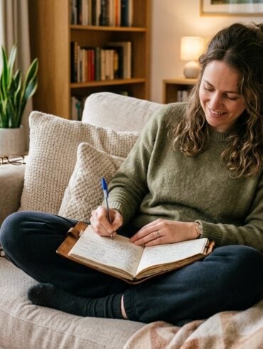 Mulher sentada com as pernas cruzadas em sofá escrevendo em um caderno