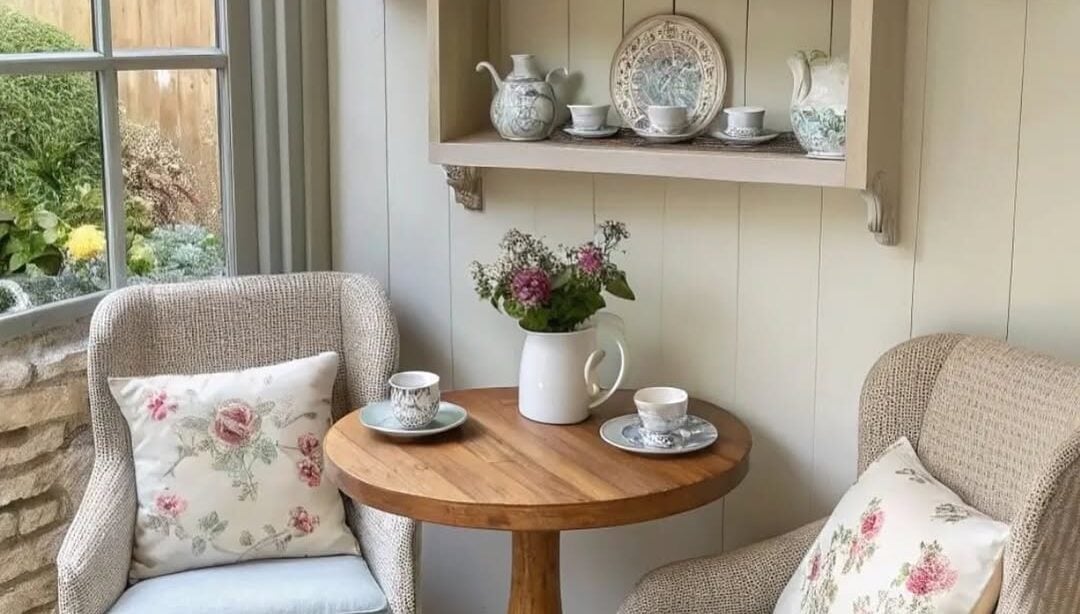 Cantinho da casa com mesa pequena de madeira, duas poltronas, prateleiras com xícaras e bules