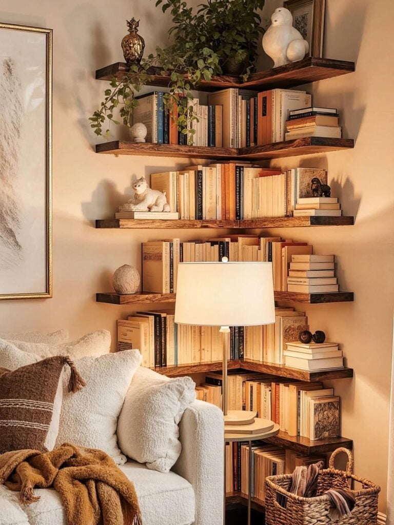 Canto de sala de estar com prateleiras de madeira, livros, mesinha lateral e abajur