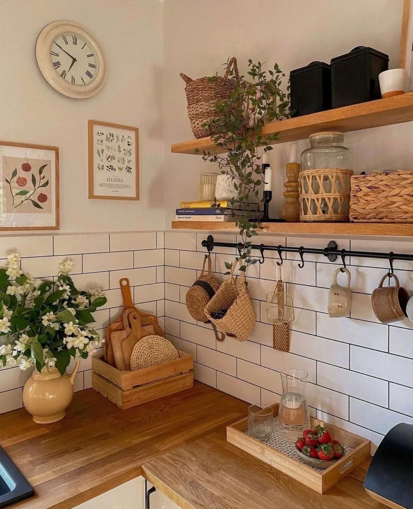 Cozinha no estilo farmhouse com prateleiras e bancada de madeira, e itens de bambu