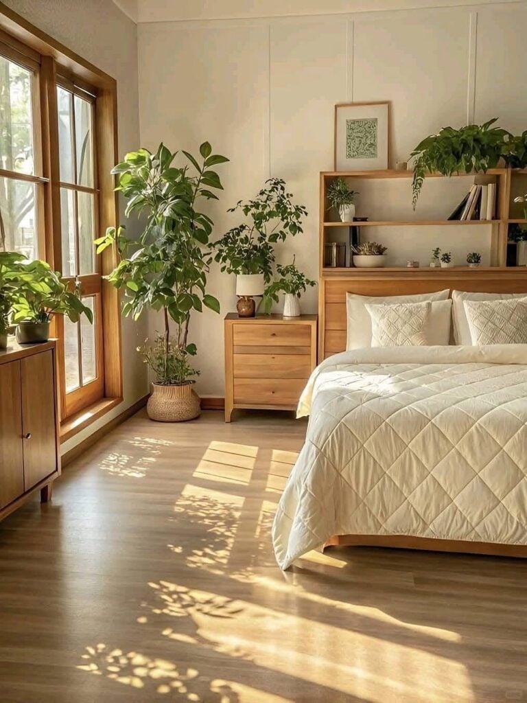 Quarto com cama e mesa de cabeceira de madeira e vasos de plantas
