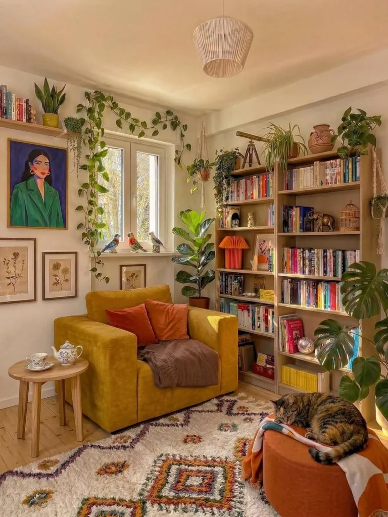 Sala aconchegante com sofá em tom de mostarde, tapete colorido, plantas e estante com livros
